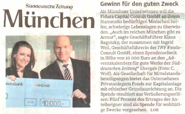SZ-Artikel über die FIDURA-Spende für den SZ-Adventskalender